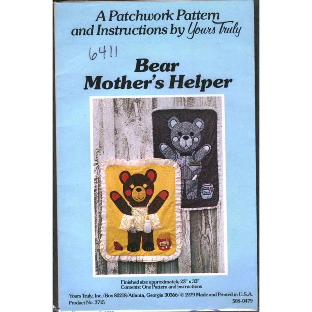 Vintage 1979 Yours Truly Bear Mothers Helper Patchwork Pattern 3715 Wall Hanging